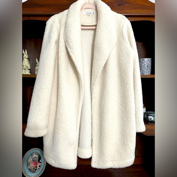 Calvin Klein Oversized Cream Fleece Fly Away Jacket Size Small - Picture 1 of 10